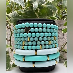 Boho Chic Teal Stackable Bead Bracelet Set - Stylish Dressy Bracelet Set